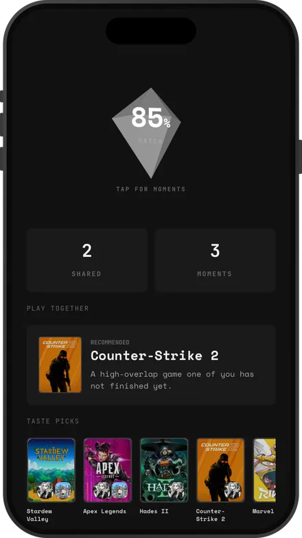 A Blend result: 85% match with a recommended game to play together