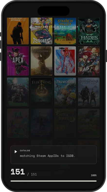 Importing a Steam library: a wall of game covers filling in