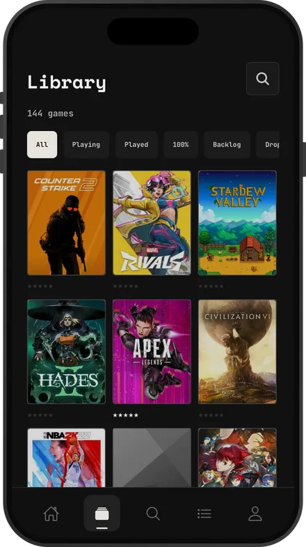 A game library with status filters and star ratings